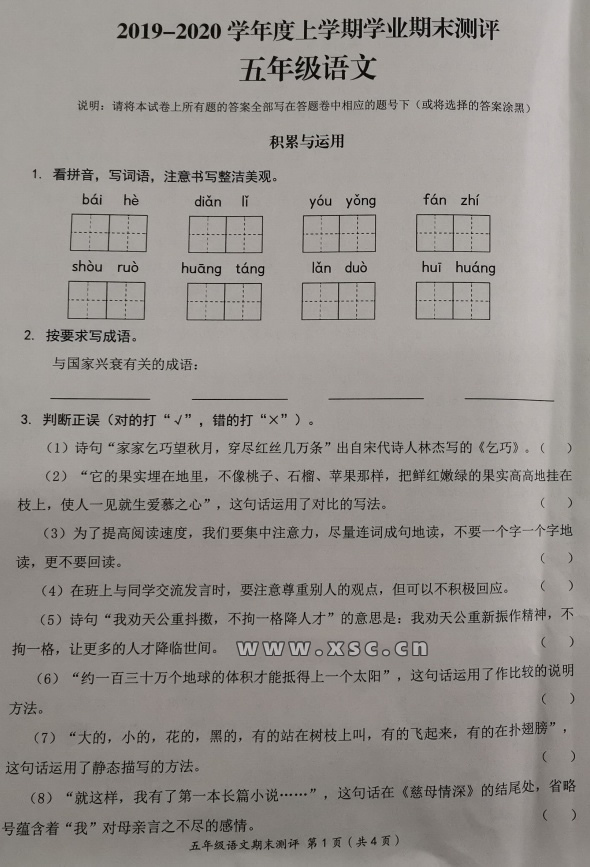 2020年小学五年级上册语文期末考试试卷(成都成华区)