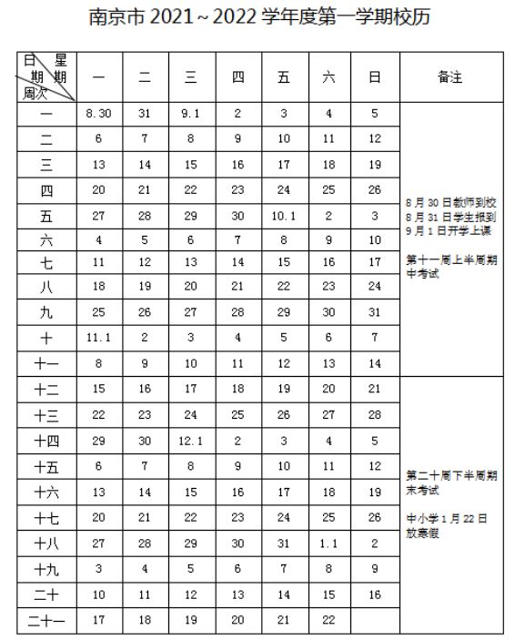 2021-2022南京中小学开学放假时间安排(校历)