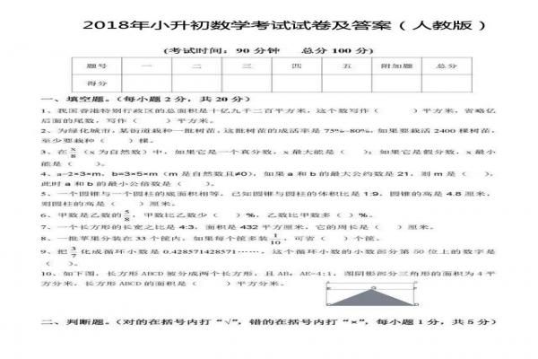 2018年小升初数学考试试卷及答案（人教版）