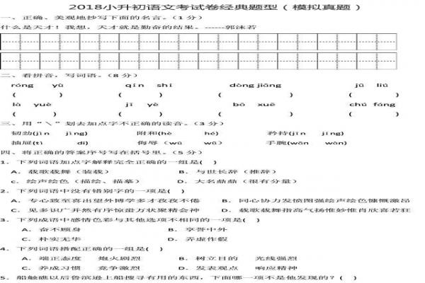 2018小升初语文考试卷经典题型（模拟真题）