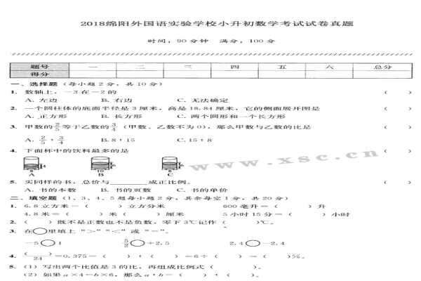 2018绵阳外国语实验学校小升初数学考试试卷(含答案与解析)