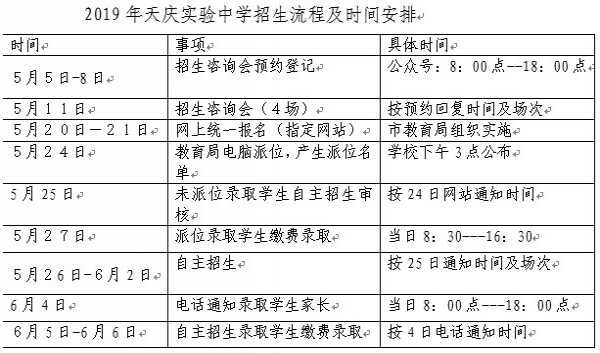 2019年天庆实验中学小升初招生简章及收费标准