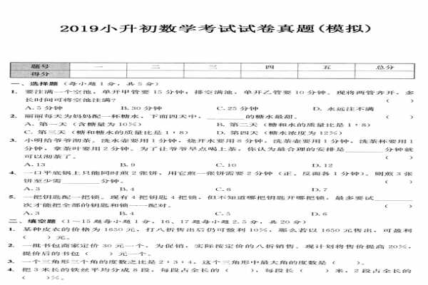 2019小升初数学考试试卷真题（模拟含答案解析）