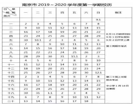 2019-2020南京中小学开学放假时间安排(校历)