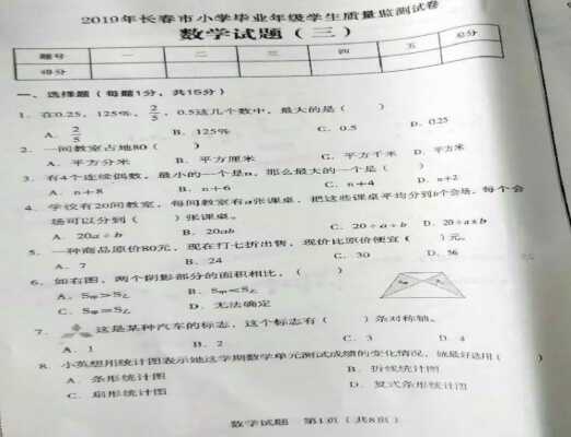 2019年长春市小学六年级毕业考试数学试卷及答案解析