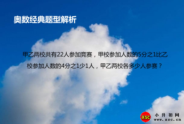 甲乙两校共有22人参加竞赛，甲校参加人数的5分之1比乙校参加人数的4分之1少1人，甲乙两校各多少人参赛？.jpg