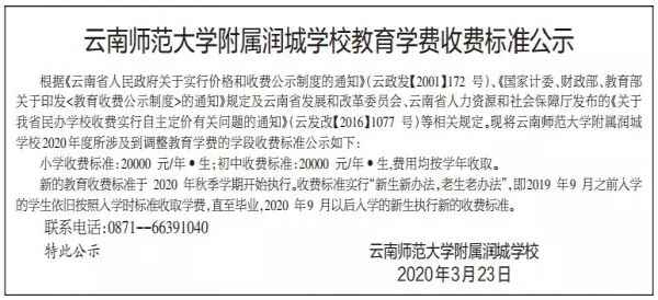 2020年云南师范大学附属润城学校学费收费标准（小学+初中）