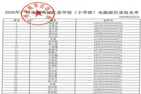 2020广州市越秀区汇泉学校一年级新生电脑派位录取名单