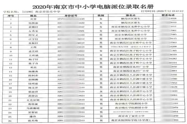 2020年南京市伯乐中学电脑派位录取名单公示