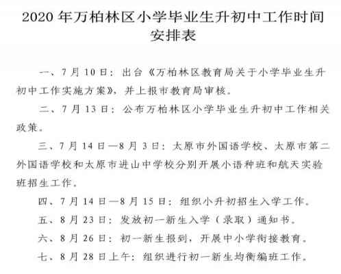 2020太原万柏林区小升初招生工作时间安排表