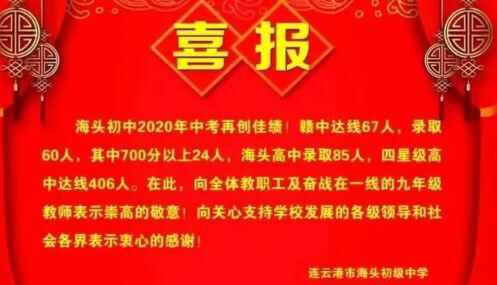 2020年连云港市海头初级中学中考成绩升学率(中考喜报)