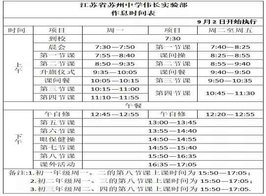 江苏省苏州中学伟长实验部作息时间安排表