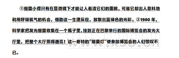 ①细菌小得只有在显微镜下才能让人看清它们的面貌，可是它却出人意料地利用呼吸氧气的机会，借助这一生理反应，放散出蓝绿色的光彩。②1900年，科学家把发光细菌收集在一个瓶子里，挂到正在巴黎举行的国际博览会的发光大厅里，把整个大厅照得通亮！这一奇特的“细菌灯”使参加博览会的人们惊叹不已。.jpg