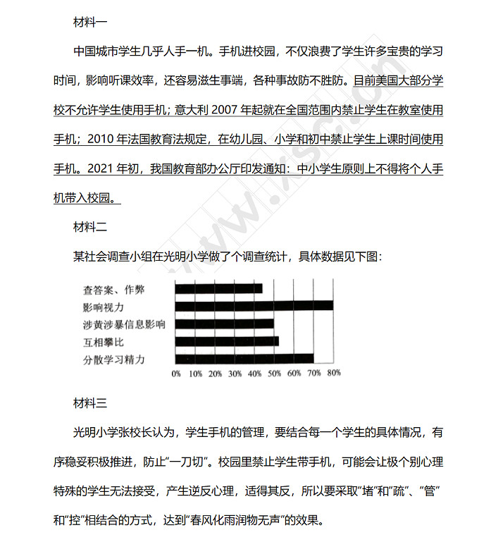 中国城市学生几乎人手一机。手机进校园，不仅浪费了学生许多宝贵的学习时间，影响听课效率，还容易滋生事端，各种事故防不胜防。目前美国大部分学校不允许学生使用手机；意大利2007年起就在全国范围内禁止学生在教室使用手机；2010年法国教育法规定，在幼儿园、小学和初中禁止学生上课时间使用手机。2021年初，我国教育部办公厅印发通知：中小学生原则上不得将个人手机带入校园。.jpg