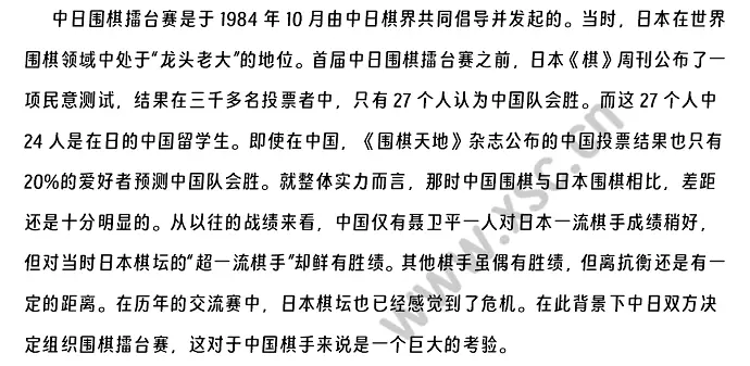 中日围棋擂台赛是于1984年10月由中日棋界共同倡导并发起的。当时，日本在世界围棋领域中处于“龙头老大”的地位。首届中日围棋擂台赛之前，日本《棋》周刊公布了一项民意测试，结果在三千多名投票者中，只有27个人认为中国队会胜。而这27个人中24人是在日的中国留学生。即使在中国，《围棋天地》杂志公布的中国投票结果也只有20%的爱好者预测中国队会胜。就整体实力而言，那时中国围棋与日本围棋相比，差距还是十分明显的。从以往的战绩来看，中国仅.webp