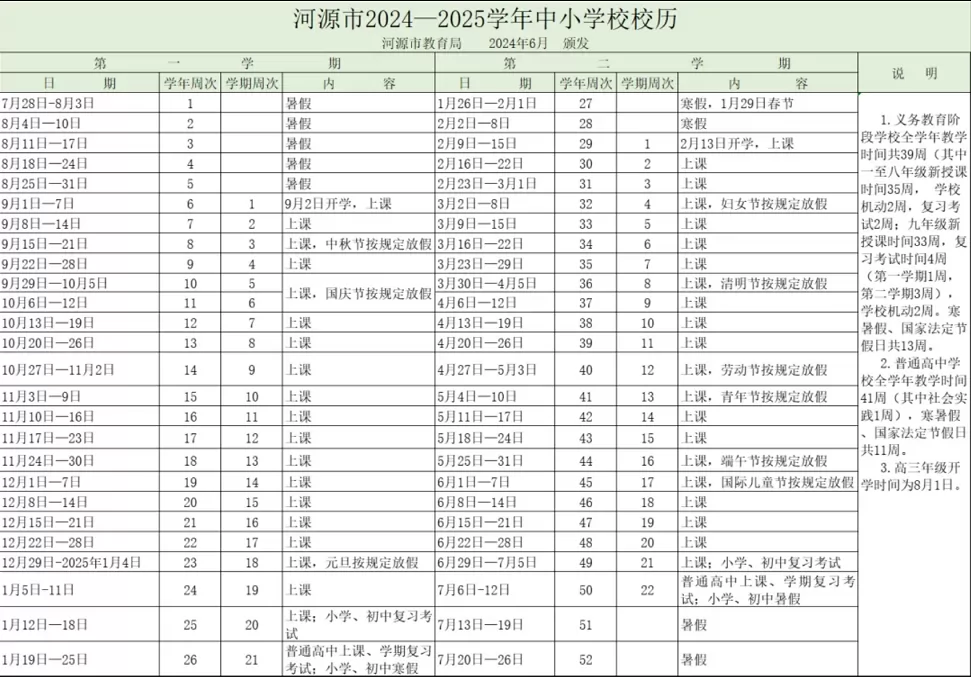 2024-2025年河源市中小学开学放假时间安排(校历)