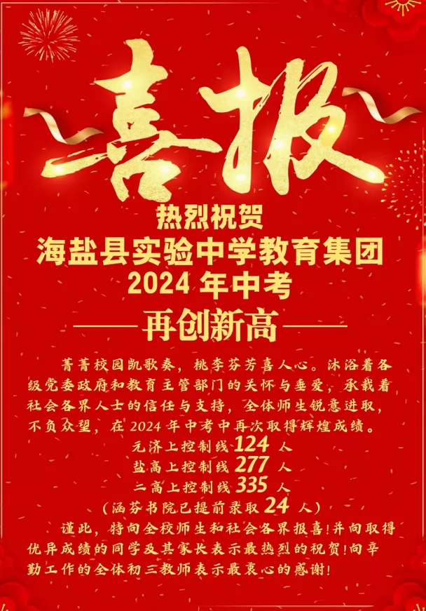 2024年海盐县实验中学中考成绩升学率(中考喜报)