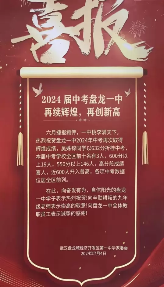 2024年武汉盘龙城经济开发区第一中学中考成绩升学率(中考喜报)