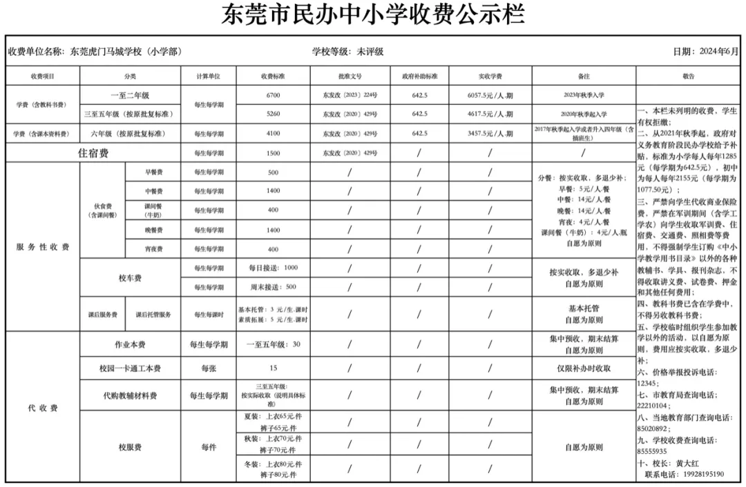 2024年东莞虎门马城学校收费标准