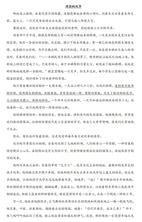 理想的风筝阅读理解题及答案