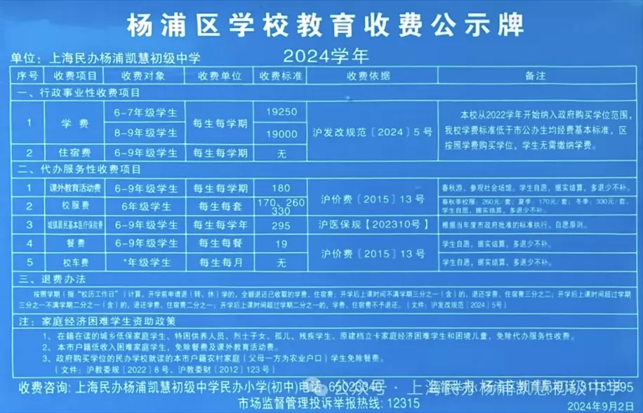 2024年上海民办杨浦凯慧初级中学收费标准