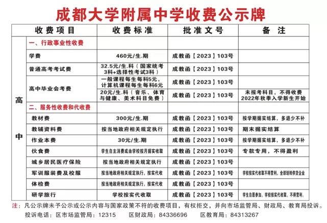 2024年成都大学附属中学三友路校区收费标准