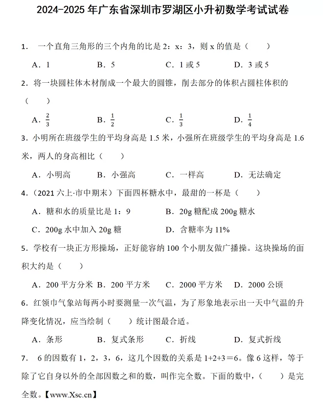 2024-2025年深圳市罗湖区小升初数学考试试卷真题及答案