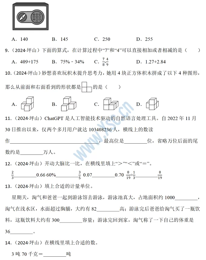 2024-2025年深圳市坪山区小升初数学考试试卷真题3