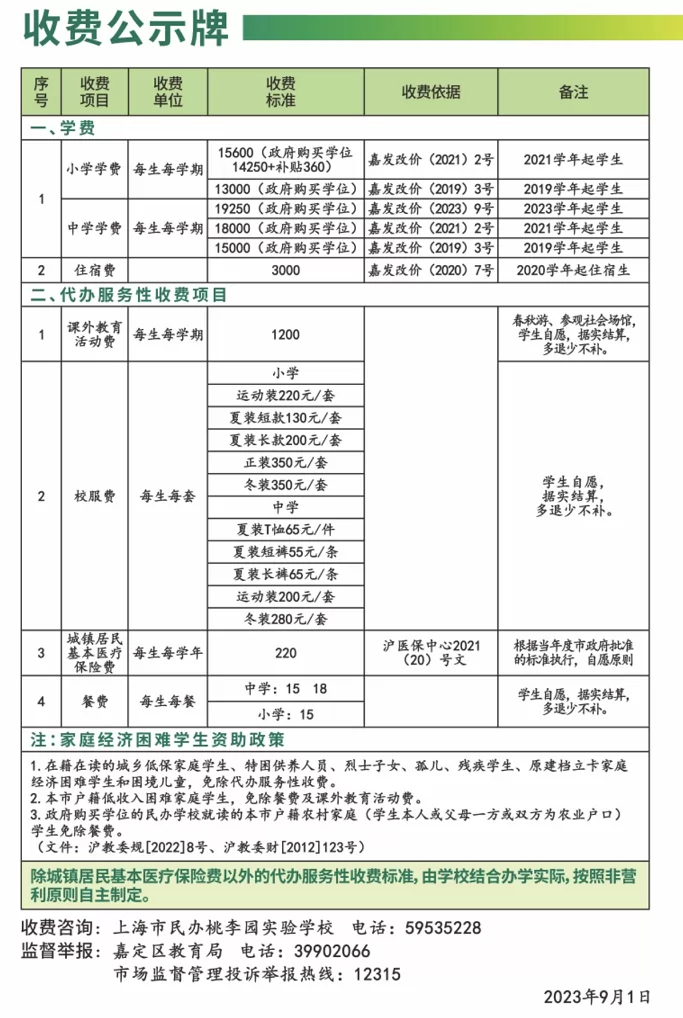 2023年上海市民办桃李园实验学校收费标准公示栏