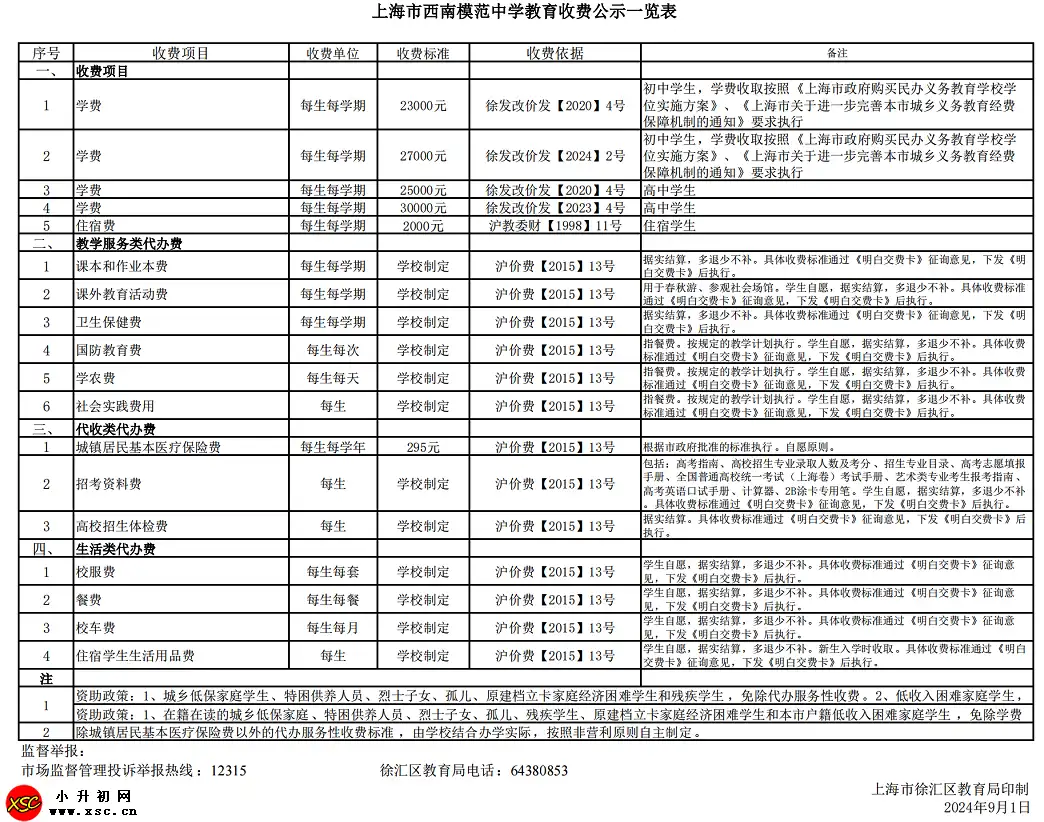 2024年上海市西南模范中学收费标准