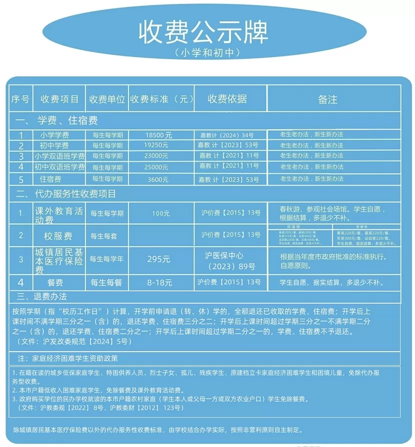 2024年上海市民办远东学校收费标准公示