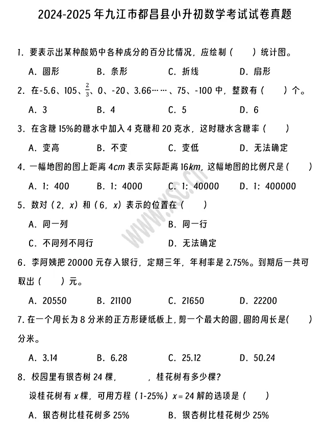 2024-2025年九江市都昌县小升初数学考试试卷真题及答案