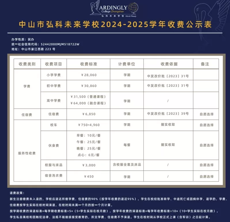 2024年秋季中山市弘科未来学校收费标准