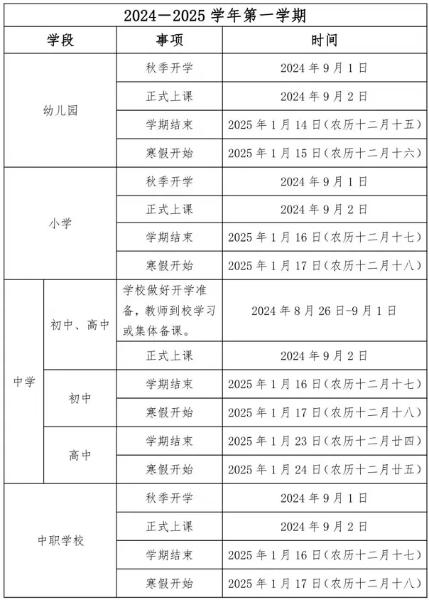 2025年泉州市中小学开学放假时间安排