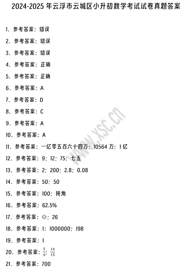 2024-2025年云浮市云城区小升初数学考试试卷真题答案1