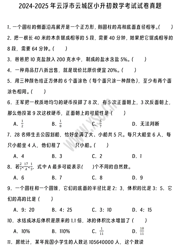 2024-2025年云浮市云城区小升初数学考试试卷1