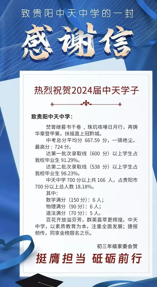 2024年贵阳中天中学方舟校区中考成绩升学率(中考喜报)