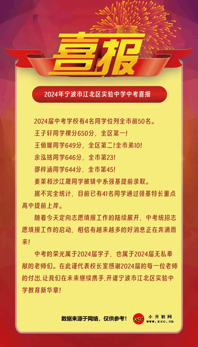 2024年宁波市江北区实验中学中考成绩升学率(中考喜报)