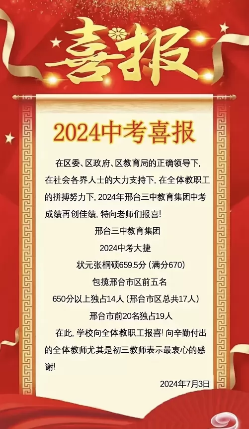 2024年邢台市第三中学中考成绩升学率(中考喜报)