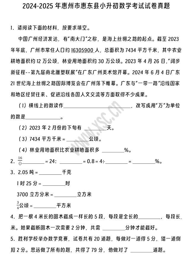 2024-2025年惠州市惠东县小升初数学考试试卷1