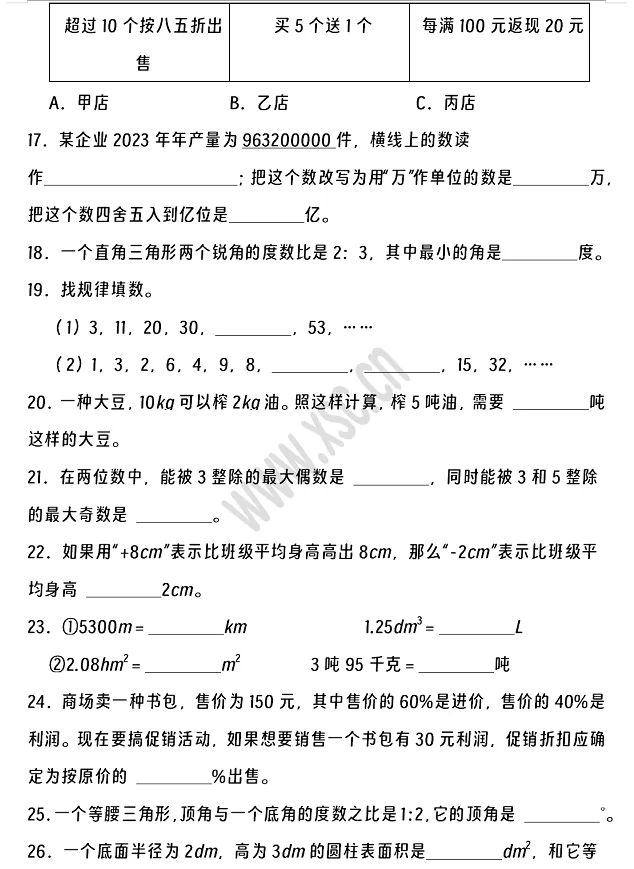 2024-2025年泸州市江阳区小升初数学考试试卷3