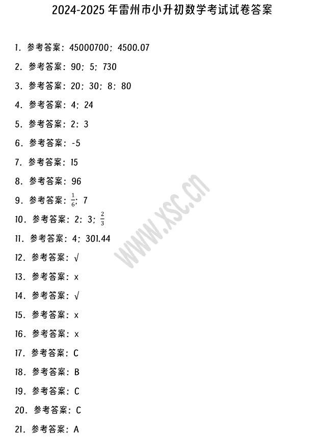 2024-2025年雷州市小升初数学考试试卷真题答案1