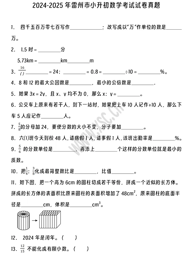 2024-2025年雷州市小升初数学考试试卷1