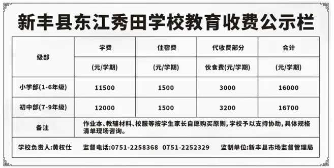 2024年东江秀田学校收费标准