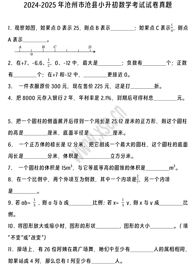 2024-2025年沧州市沧县小升初数学考试试卷真题及答案