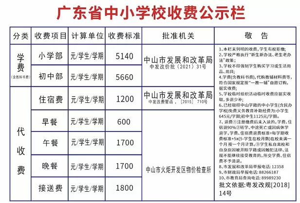 中山市民众锦标学校收费标准