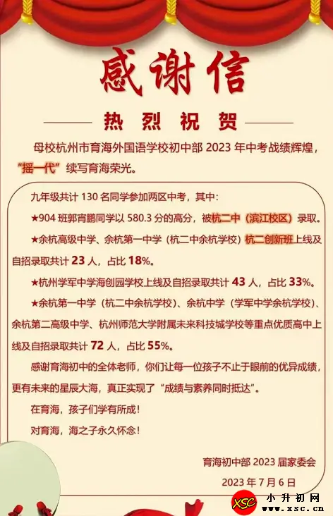 2023年杭州市育海外国语学校中考成绩升学率(中考喜报)