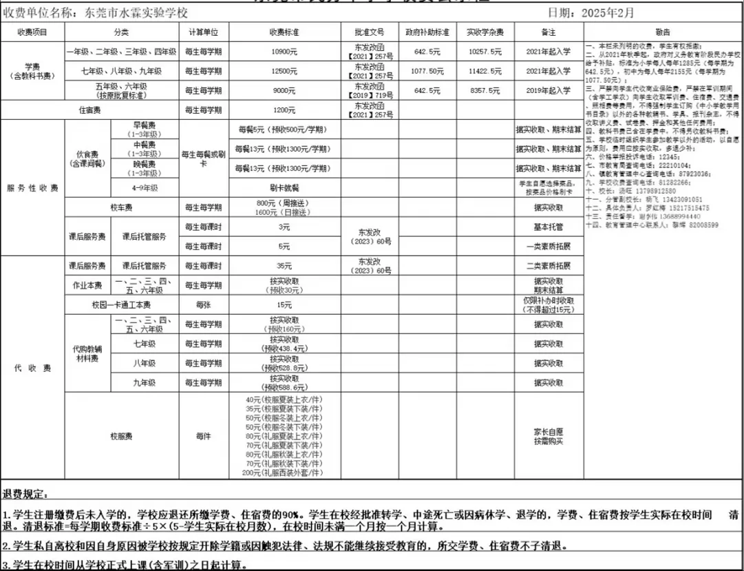 2025年春季东莞市水霖实验学校收费标准