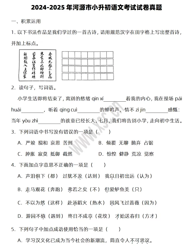 2024-2025年河源市小升初语文考试试卷真题1.webp