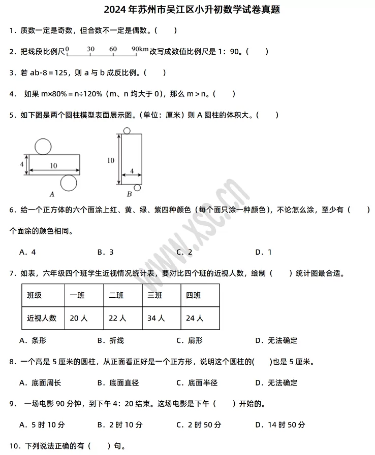 2024-2025年苏州市吴江区小升初数学考试试卷真题及答案